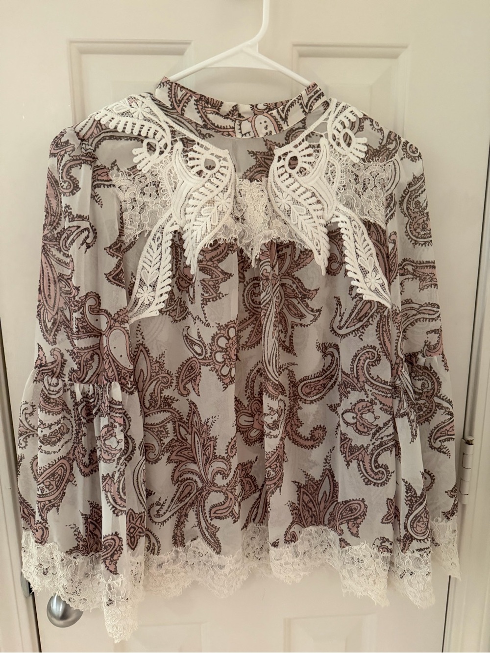 LOFT White Sheer Paisley Blouse with Brown Lace Accents